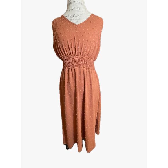 Burnt Orange Swiss Dot Shirred A-line Dress, size L - Picture 2 of 9
